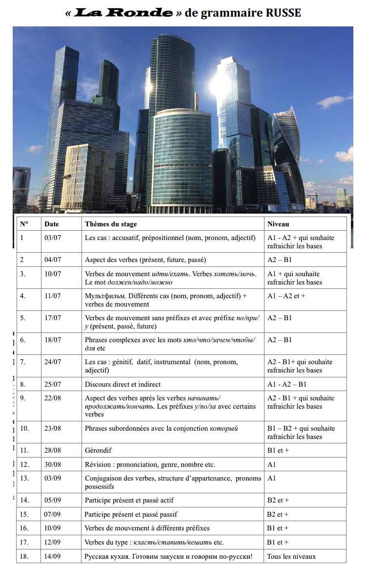 Annonce. Mini-stages. La Ronde de grammaire russe. 2018-07-03